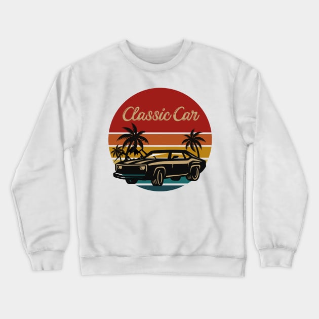 classic car retro  vintage aesthetic sunset circle with palms and mountains, gift for dad, retro designs for car lovers Crewneck Sweatshirt by Maroon55